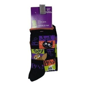 NWT Black Cat Women's Crew Socks Shoe Size 4-10 Halloween Just Say BOO Ghost Owl